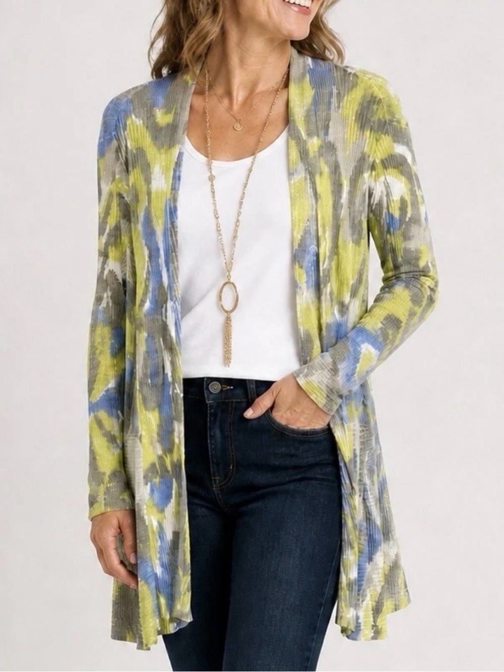 Chicos Cardigan Sz 2 (Large) Colorful Ribbed Soft Lightweight Casual Art To Wear